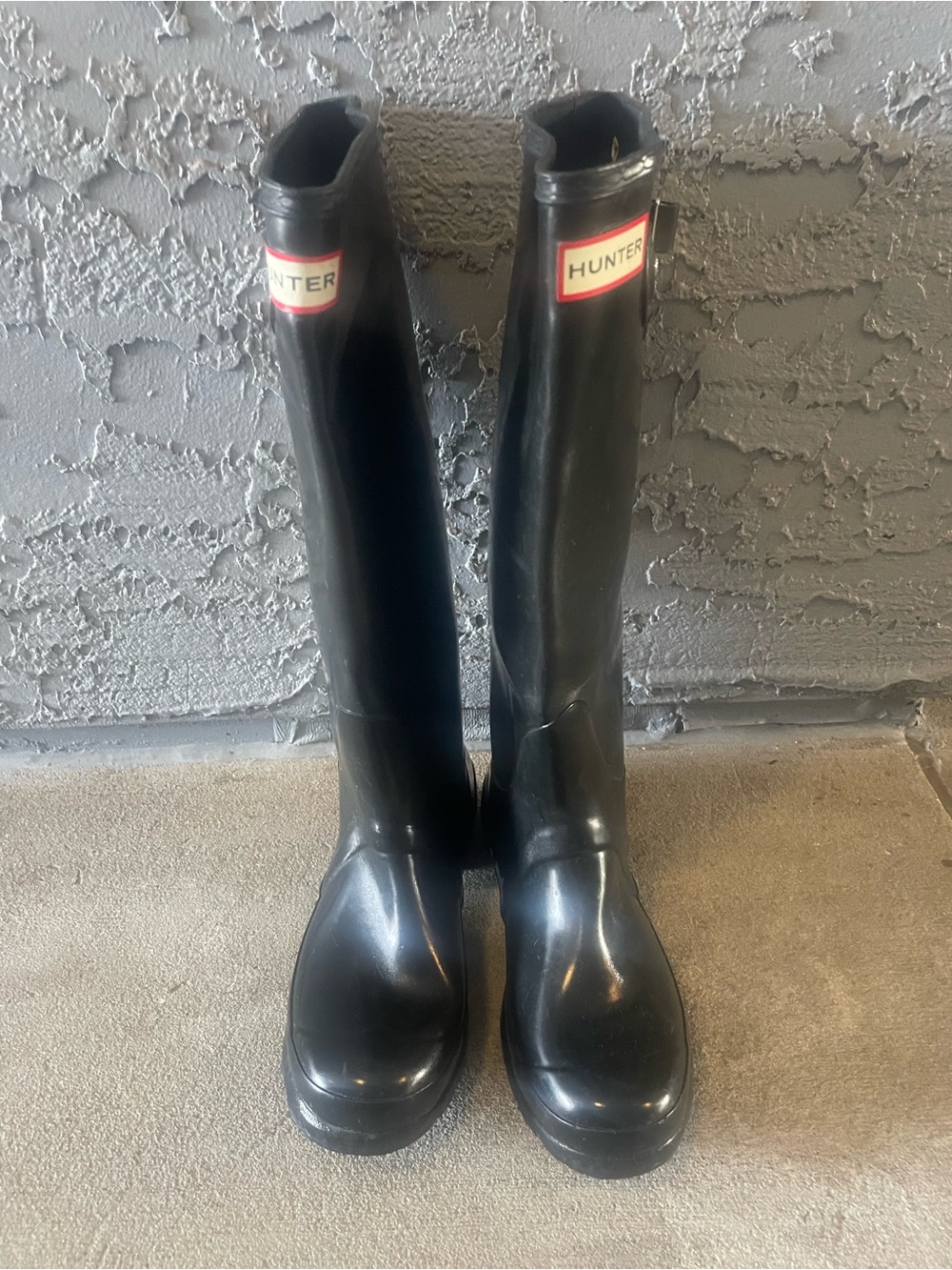 Hunter Glossy Black Knee-High Rain Boots with Red Logo Trim